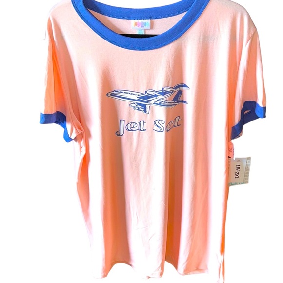 Lularoe 2X pink with blue‎ trim Liv graphic T. “ Jet Set” airplane graphic. NWT - Picture 1 of 8